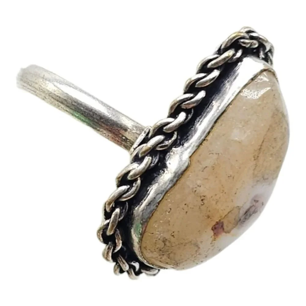 Silver Plated Beige Quartz Gemstone Dome Ring Silver Tone Vintage Size 8